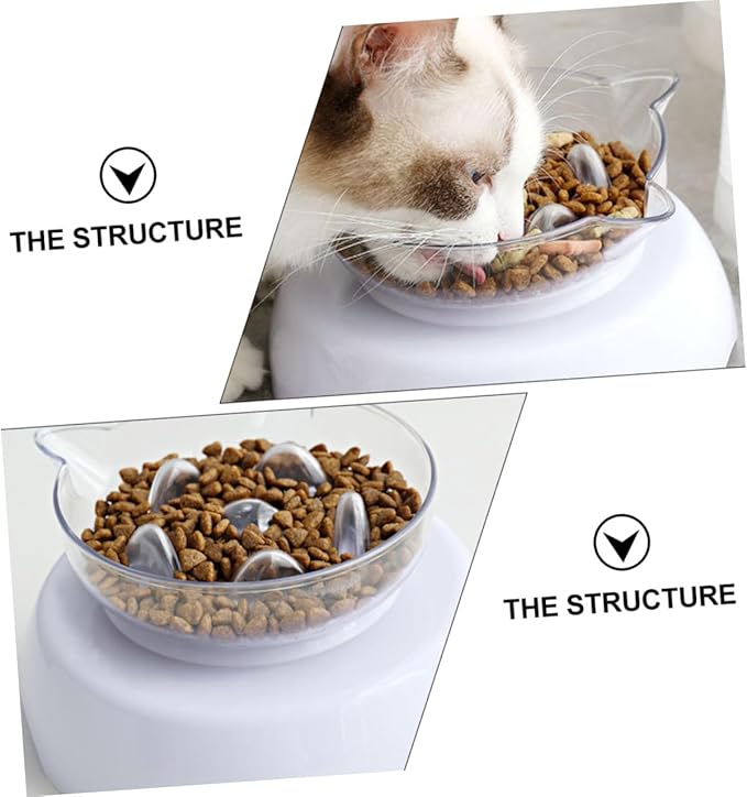 Tilted Cat Food Bowl 15° Raised Plastic Feeder with Neck Protection White Elevated Pet Feeding and Watering Dish for Cats