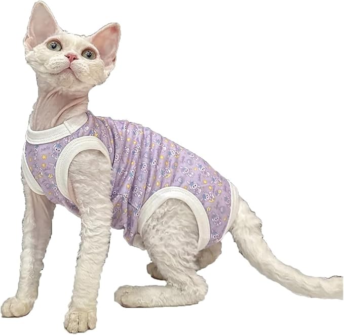 Hairless Cat Clothes, Sphynx Cat Clothes, Sphynx Cat Clothes Summer Cotton T-Shirts Cute Animal Four Leg Jumpsuit Pullover Vest Round Collar Kitten Shirts Sleeveless Cat Apparel(Purple Rabbit,M)