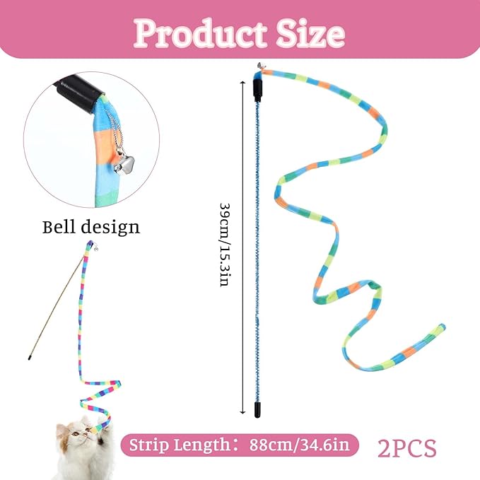 InnoHHustle 2 Pcs Interactive Cat Rainbow Wand Toys, Cat Teaser Wand and String Toy Colorful Ribbon Strong and Sturdy Pole with Small Bells for Indoor Cats and Kittens to Play Chase Exercise for Fun
