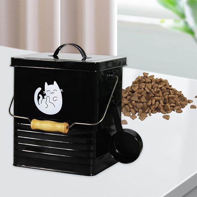 Dog and Cat Food Storage Container Storage Tin with Lid Multipurpose Food Canister for Washing Pet Food, Black