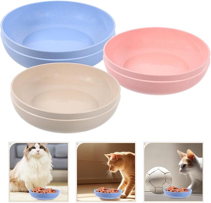VICASKY 12pcs Shallow Plastic Cat Bowls for Feeding and Watering Indoor Cats Kitten Food Dish Wide Whisker-Friendly Pet Supply Set in Beige Pink and Blue