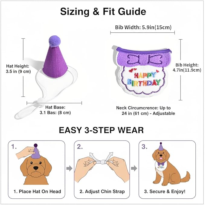 Cat Birthday Hat & Bandana Set – Birthday Decorations for Small Dogs and Cats, Cute Party Hat & Bib Costume for Cat Birthday Party or Puppy Celebrations (Yellow)