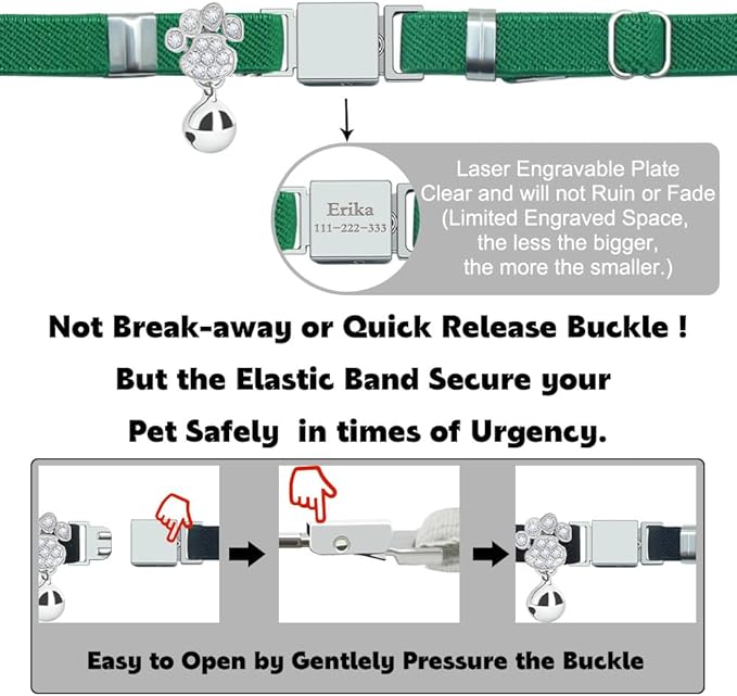 Personalized Safety Elastic Cat Collars with Bell,Laser Customized Stretch Kitten Collars for Girls Boys Cats-Dark Green