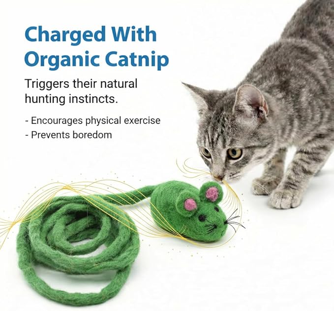 Glaciart One Felt Mouse Cat Toy – Soft Fuzzy Enrichment 100% Natural Wool - Interactive Catnip Play Cat Toy Set - Safe for Pets, Non-AZO Colored Dyes - 100” Long
