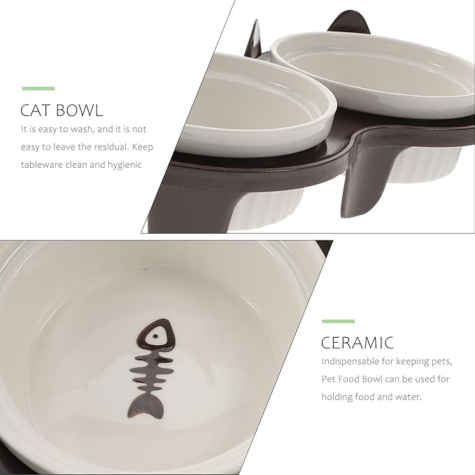 ERINGOGO Ceramic Elevated Cat Food Bowl Set with Anti-Slip Rack, Thickened Brown Double Bowls for Indoor Cats, Raised Floor Pet Feeding and Watering Station