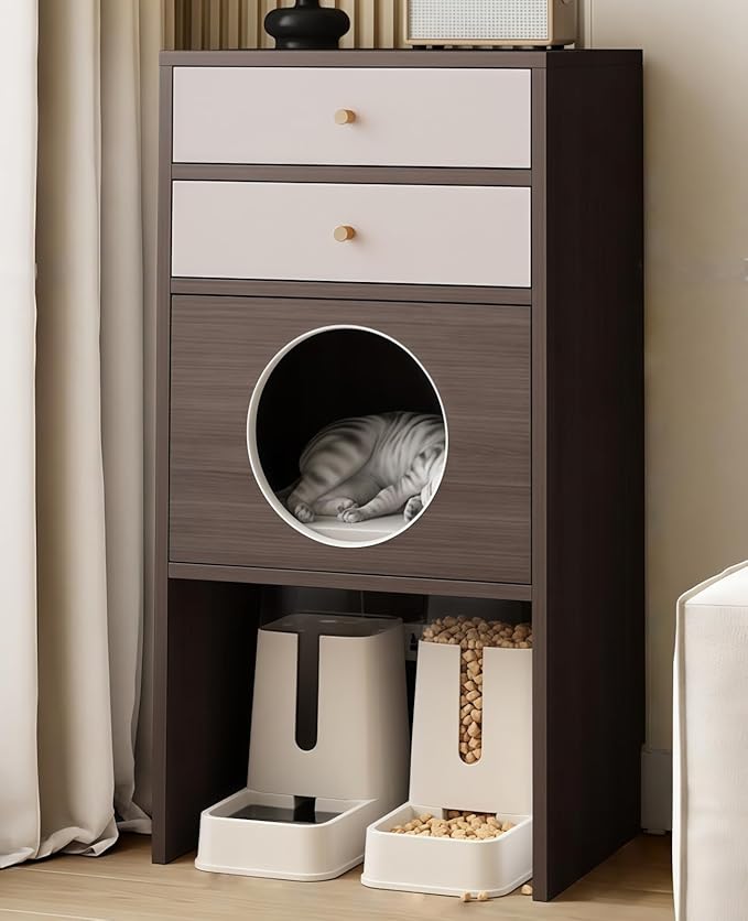Multi-Function Cat House Furniture, Solid Wood Cat Condo with Storage Drawer, Pet Bed & Feeding Area, Compact Cat Cabinet (Oak & Khaki,19.6" L*15.7" W*41.3" H)