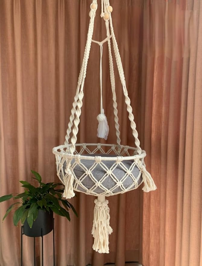 Hanging Cat Bed Tree Macrame Hammock Wall Furniture Swing Crochet Cave Without Any Pillow - Color: Off White