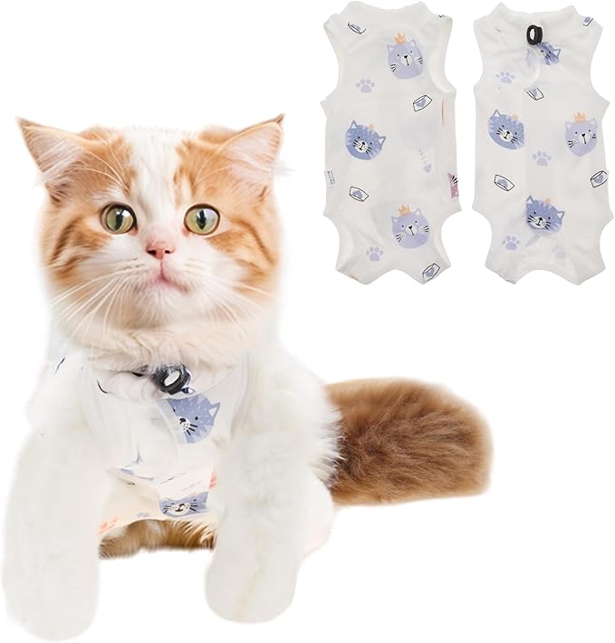 Soft and Breathable Cat Recovery Suit for Post-Surgery Care - Prevents Wound Licking - Size S, White