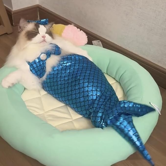 Cat Mermaid Costume Creative Cat and Dog Costumes Funny Fishtail Dress Puppy Mermaid Dress Pet Mermaid Costume Humor Photo Props for Cats and Dogs, Polyester, Blue, One Size (5-13 lbs)