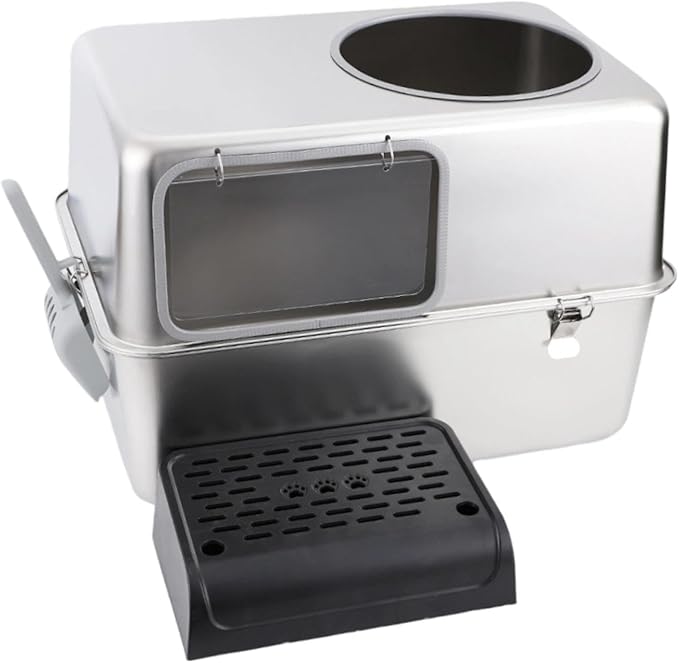 Hooded Cat Litter Box with Lid & Front Door Flap Stainless Steel Portable Pet Litter Tray Kitten Potty- with Pedal