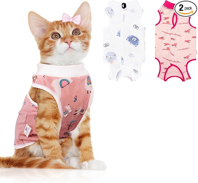 2 PCS Cat Recovery Suit Female Cat Onesie for Cats After Surgery Spay Abdominal Wounds, Kitten Surgery Recovery Suit Female Breathable E-Collar Alternative Kitten Onesie Anti Licking Medium