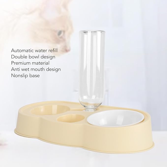 Double Pet Bowl Set, Non - Slip Stable 2-in-1 Food & Water Bowl with Automatic Water Dispenser Bottle, Feeding Station for Cats, Small Dogs and Mini Pets (Yellow)