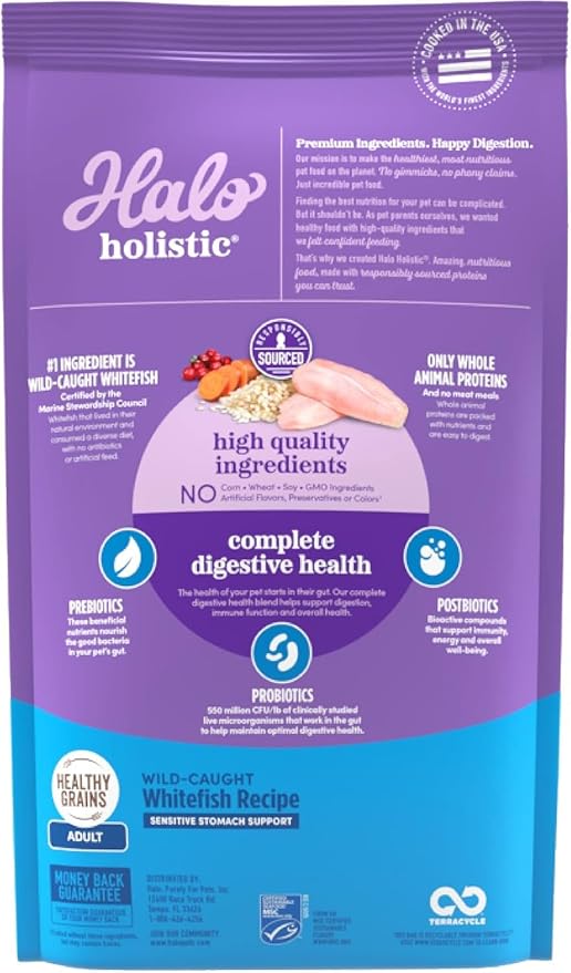 Halo Holistic Cat Food Wild Caught Whitefish Formula, Healthy Grains Dry Cat Food, For Sensitive Stomach Support, Kibble for Adult Cats, 3 lb Bag