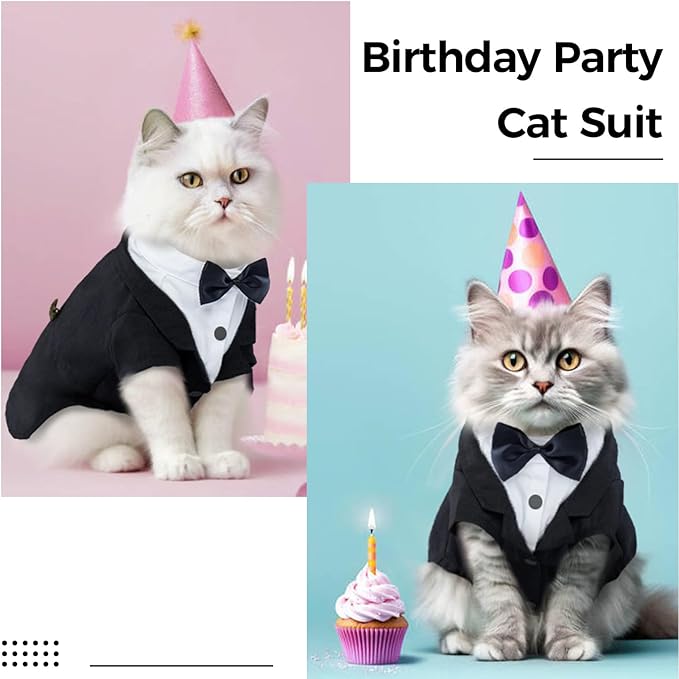 DENTRUN Cat Tuxedo Outfit, Sphynx Cat Costume Formal Suit with Bow Tie, Stylish Cat Shirt Fashion Apparel Fancy Clothes, Kitten Formal Attire Wedding Onesie Costume for Cats Only