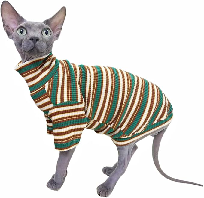 Turtle Neck Vintage Stripes Sphynx Hairless Cat Cotton T-Shirts Pet Clothes Vest Kitten Shirts Sleeveless, Cats & Small Dogs Apparel (Marsh, XS (2-3 lbs))