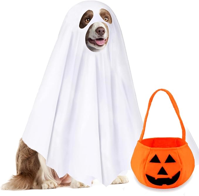 Dog Ghost Halloween Costume 2PCS Funny Ghost Face Cape Pumpkin Bucket White Ghost Poncho for Large Dogs Trick or Treat Bags Spooky Outfit Cosplay Ghost Clothes (Medium)