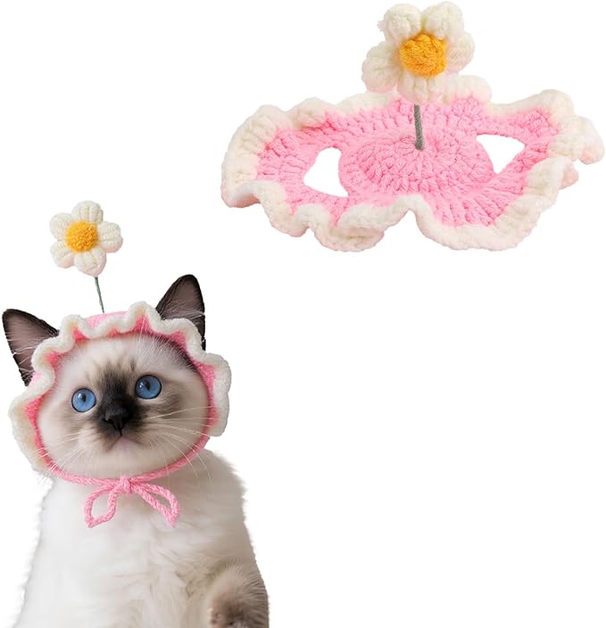 Cat Hat, Cute Flower Crochet Cat Hat Knitted Costume Headwear for Kitten Dog Puppy Pet Halloween Christmas Small Knit Cap Clothes Decoration (Pink)