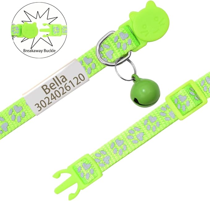 Personalized 2 Pack Reflective Cat Collar,Custom Breakaway Cat Collars with Name Tag and Bell,Anti-Lost Nameplate Cat Collar for Girls & Boys (YG Green,fit 8''-11.0'')