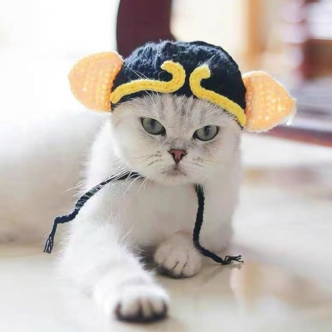 2Pcs 0-2.5kg 2.5kg-5kg Pet Cat Costume Hat with Ear Design, Black and Yellow Knitted Cap with Tassels