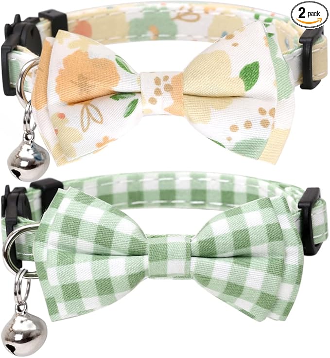 2 Pack/Set Cat Collar Breakaway with Cute Bow Tie and Bell Plaid Flower for Kitty Adjustable Safety