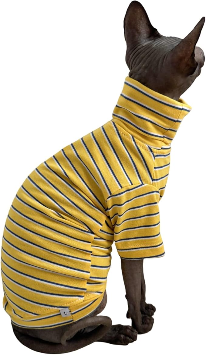 Vintage Stripes Sphynx Hairless Cats Shirt Cotton Cat Turtleneck Pet Clothes Kitten T-Shirts with Sleeves for Sphynx Cornish Rex, Devon Rex, Peterbald (Yellow Stripe, Medium (Pack of 1))
