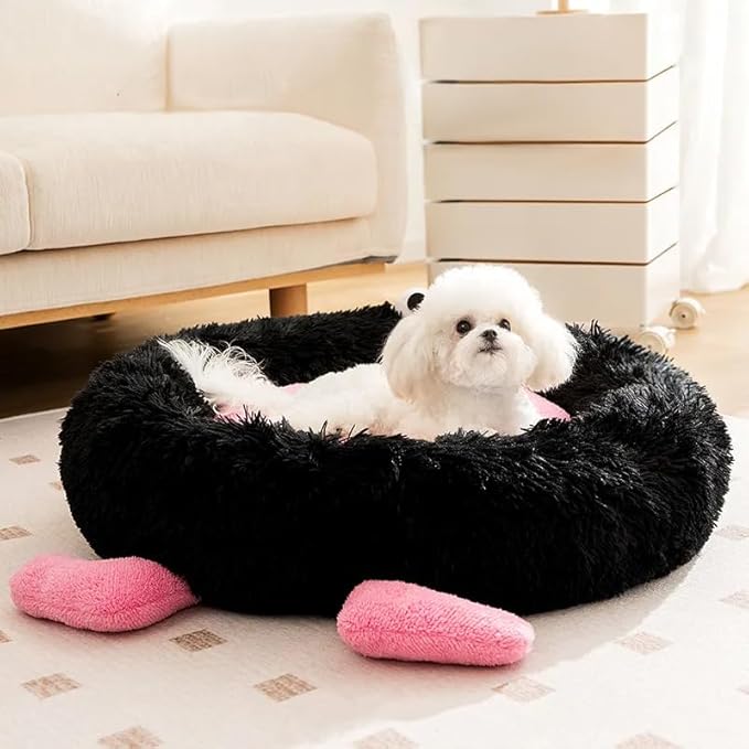 Calming Dog Cat Bed, Anti-Anxiety Donut Warming Cozy Soft Round Bed, Machine Washable, Fluffy Faux Fur Plush Cushion Bed for Small Medium Dogs and Cats 25.6 in