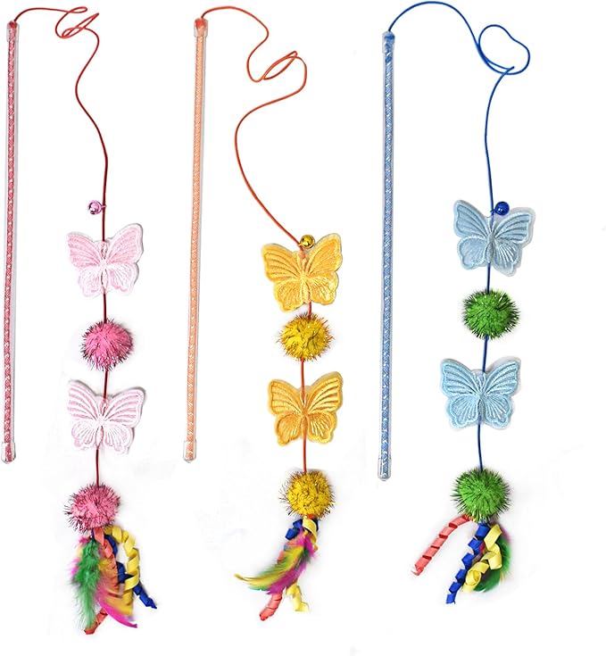 Cat Wand Toys, 3 PCS Vibrant Cat Teaser Wands with Butterfly, Pompom - Elastic Cord Feather Wands Cute Interactive Kitten Toy