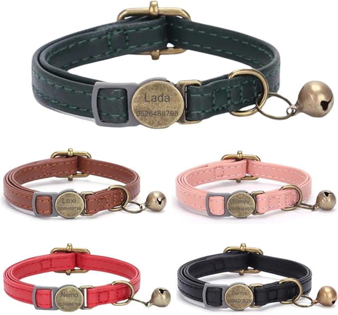 Vintage Style Leather Breakaway Cat Collar, Personalized Leather Cat Collar with Bells-Adjustable Customized Collar with Name & Phone Number Tag for Girl Boy Cats and Puppy(Green)