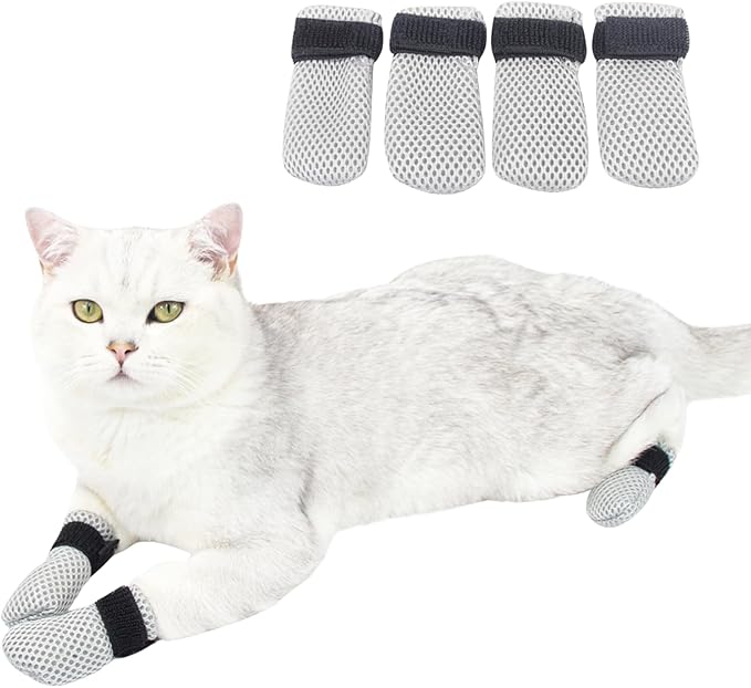 HDKUW Cat Anti-Scratch Shoes, Pet Scratch Deterrent Boots for Cats Small Dogs, Grooming Kitten Accessories Nail Gloves, Adjustable Cat Claw Cover for Bathing Shaving Treatment Checking Gray M