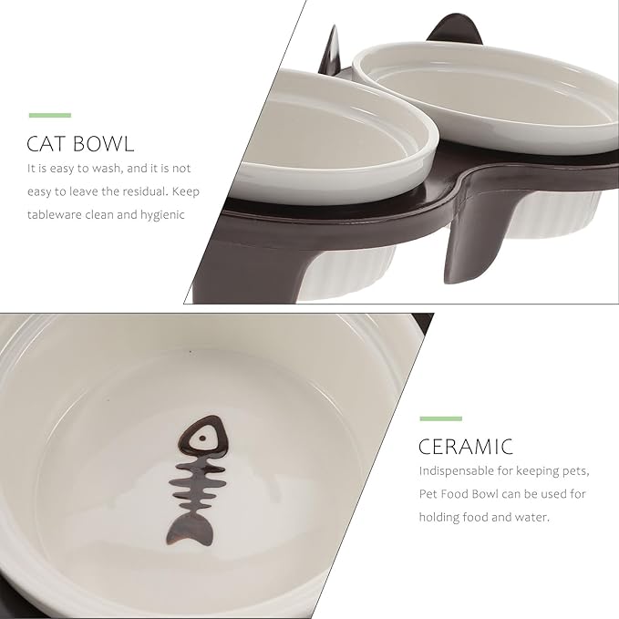 Ceramic Elevated Cat Bowl Set with Thick Double Bowls and Brown Sturdy Stand, Angled Feeding and Watering Dish for Indoor Cats and Kittens