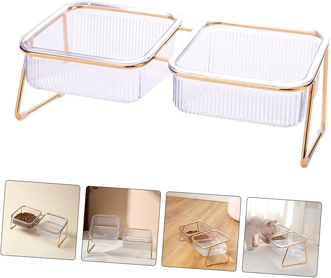 OUNONA Double Elevated Cat Bowl Set, Tilted Raised Iron Pet Feeder with Bowls, Neck Protection Design for Cats and Puppies, Easy-Clean Feeding and Watering Station