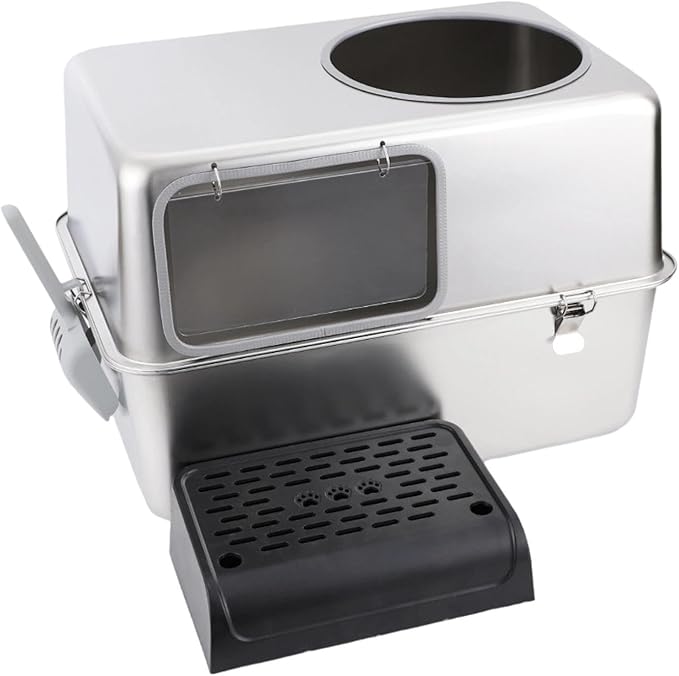 Hooded Cat Litter Box with Lid & Front Door Flap Stainless Steel Portable Pet Litter Tray Kitten Potty- with Pedal