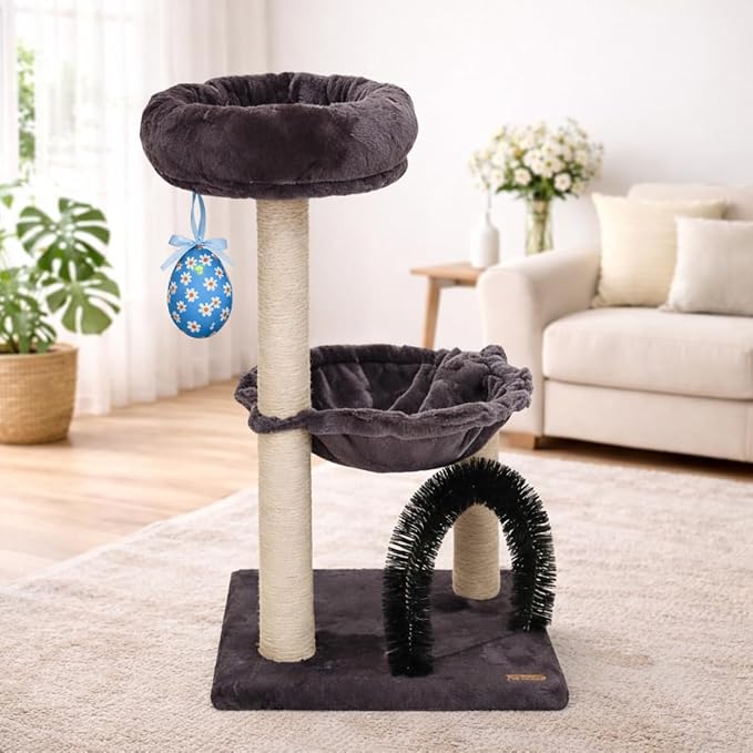 Simple Deluxe 27.8" Small Cat Tree with Easter Eggs,Multi-Level Cute Cat Tree with Scratching Post| Plush Hammock| Perch| Random 3 Pcs Easter Eggs| Groomer Brush for Kittens Play & Rest