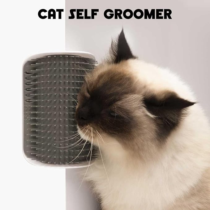 Cat Self Groomer – Wall Corner Grooming Brushes for Cats and Small Pets – Soft Massage Brush for Shedding Control and Face Rubbing (Grey)