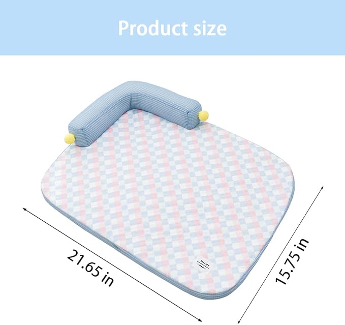 All-Season Ice Fabric Cat Bed with Cushioned Pillow/Play Ball/Washable Mat for Cats, Kittens & Small Pets (Blue, 21"x15"x4")