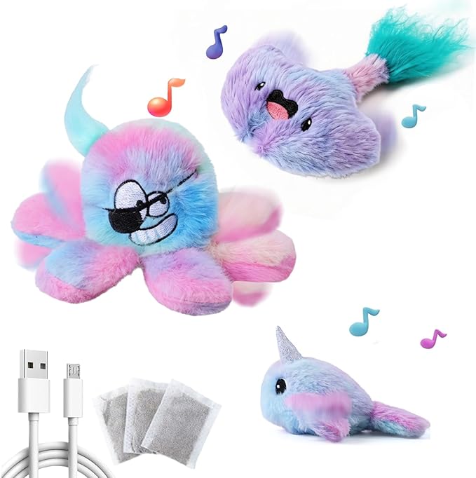 3 Pack Flapping Cat Toys with Catnip *3, Cat Plush Toy w/ Chirp & Crinkle Paper, USB-chargeable Floppy Wiggle fish for Bored Cats,Interactive Kitty Exercise Toy, Indoor Cats & Kitten Moving Kicker