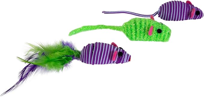 Pet Zone Three Twined Mice Cat Toy, Feathered, Multicolored Mice, Pack of 3