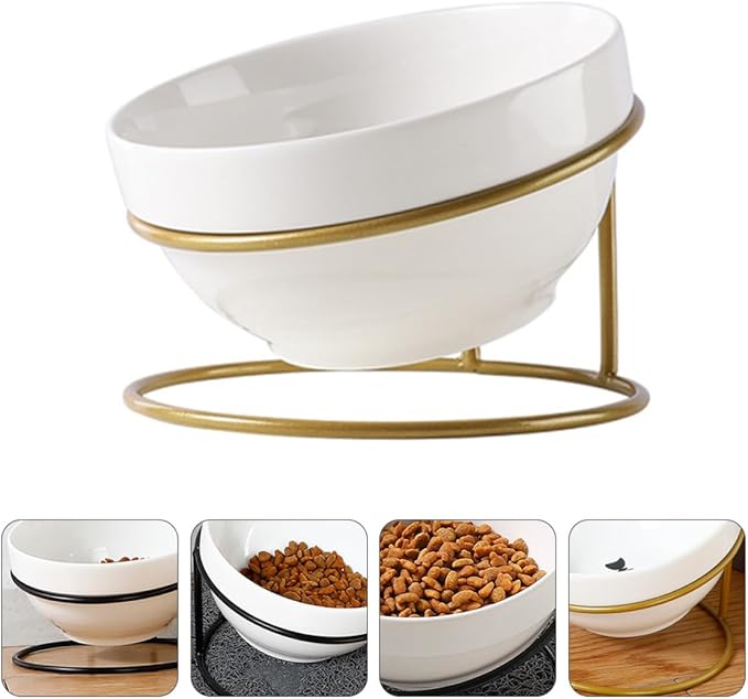 TOYANDONA Ceramic Pet Food Bowl Iron Raised Slant Stand, Elevated Cat Dog Feeder Bowl for Spine Protection, Suitable for Household Feeding and Watering Random Style