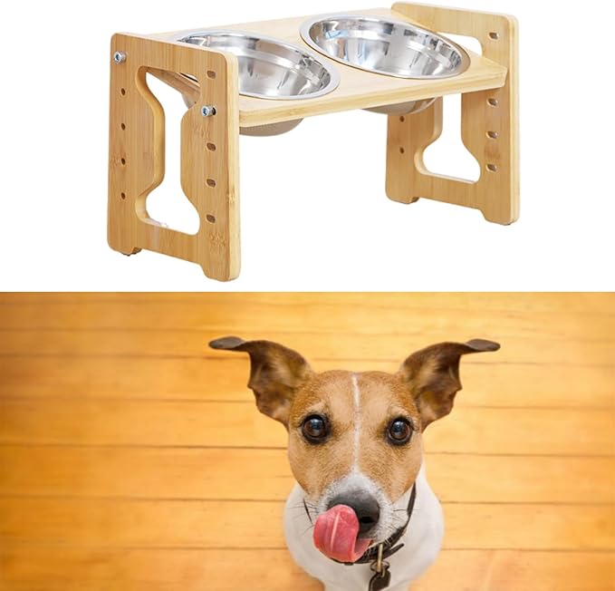 Elevated Cats Dog Feeders 5 Stage Adjusting Feeding Bowl with Nonslip Wooden Base for Small Breeds Cats Feeding Watering Adjusting Height Pet Food Bowl