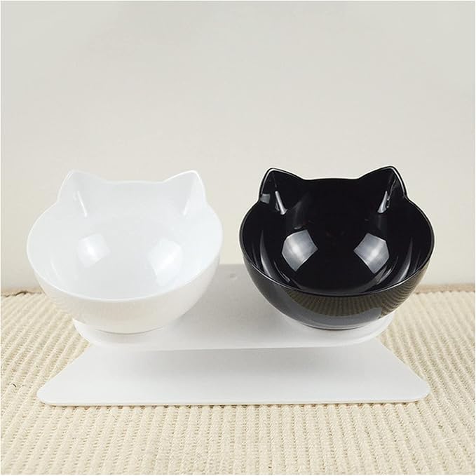 Cat Double Bowl Dog Non-Slip Food with Raised Stand Feeding & Watering Supplies Pet(Black and White)