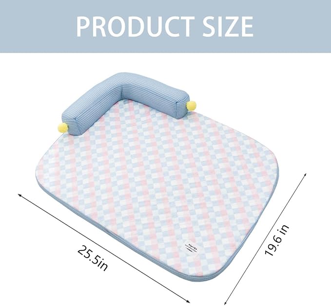 All-Season Ice Fabric Cat Bed with Cushioned Pillow/Play Ball/Washable Mat for Cats, Kittens & Small Pets (Blue, Large-25"x19"x4")