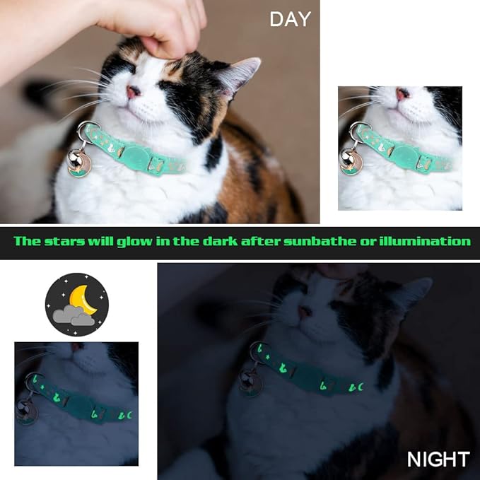 Baeuppit 2PCS Breakaway Cat Collars with Bell Cute Kitty Glow in The Dark Adjustable Kitten Collars 7.9-13.0 Inch(Teal&Purple)