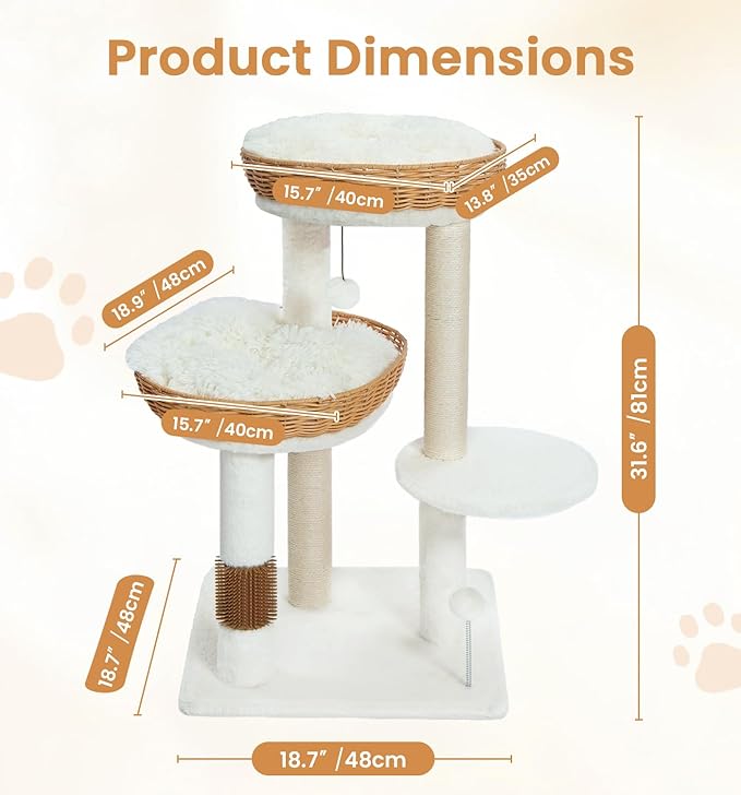 Made4Pets 32in PE Rattan Cat Tree Tower, 2 Large Handwoven Nest Baskets with Soft Cushions, Scratching Post, Stable Wicker Cat Tree with Groomer & Hanging Ball Toys for Adult and Kittens