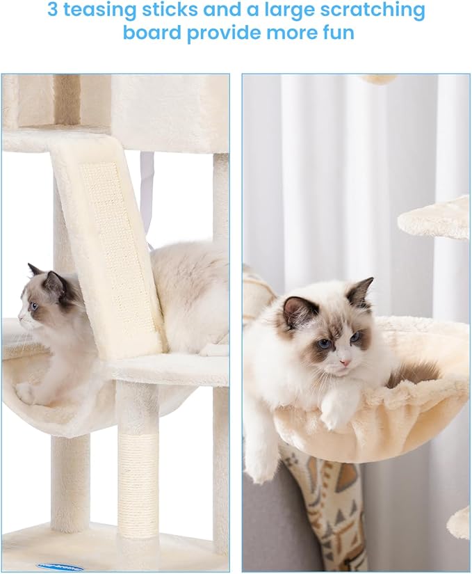 Hey-brother Cat Tree, 53 inch Cat Tower for Indoor Cats, Cat House with Padded Platform Bed, Toy Balls, Large Cozy Condo, Hammocks and Sisal Scratching Posts, Beige MPJ019-SM
