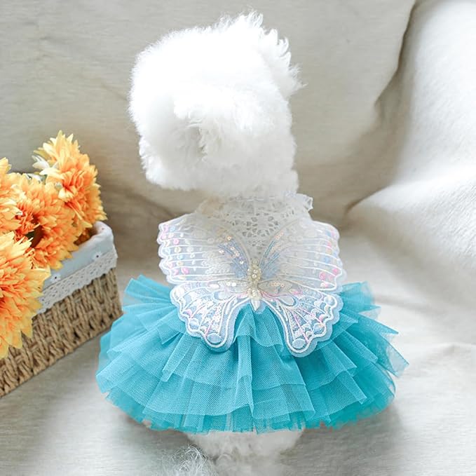 ANIAC Butterfly Dog Dress with Blue Tutu Funny Dog Clothes with Wing Girl Puppy Dress for Small Dogs Pet Butterfly Costume Holiday Cat Outfit for Halloween Birthday Wedding (Lake Blue, X-Large)