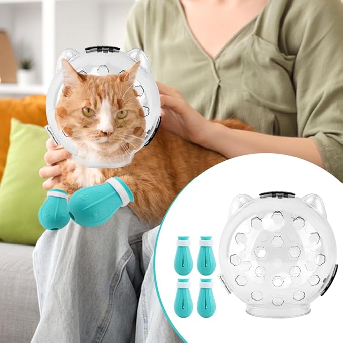 Cat Muzzle for Grooming, Transparent Cat Helmet with 4 Silicone Claw Covers, Adjustable Breathable Kitty Hood Anti Bite Bubble Astronaut Groomin Mask for Pet Bath Nail Trimming,L