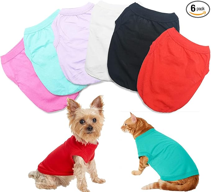 6 Pack Plain Dog T Shirts 100% Cotton Solid XS Puppy Clothes Blank Dog Clothes Girl Puppy Tshirt for Boy Dogs Shirts Pet T-Shirt for Small Medium Large Dogs Cats
