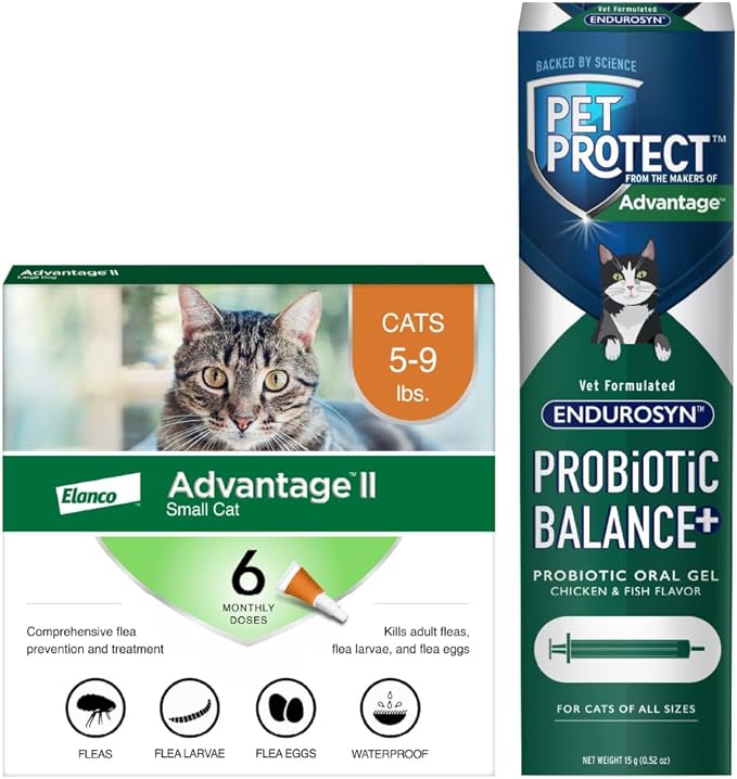 Bundle of Advantage II Small Cat| Cats 5-9 lbs. | 6-Month Supply + Pet Protect Probiotic Balance+ Cat Supplement | Oral Gel | 15g
