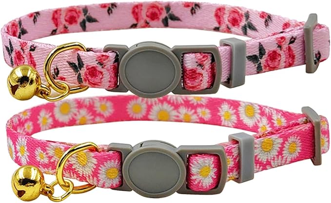 2 Pack Cat Collar, Floral Pattern, Breakaway Safe Release Buckle, Clear Bell, Polyester Material, for Adult Cats.(Daisy+Rose)