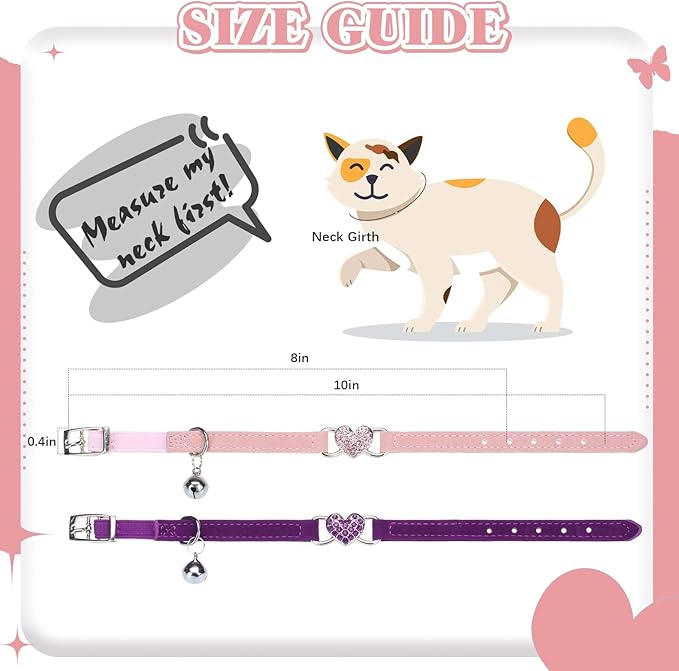BINGPET 2 Pack Diamond Cat Collar with Bells and Safety Belt, Adjustable Soft Velvet Kitten Collar with Bling Heart Jewelry, Cute Purple & Pink Cat Collars for Girls & Boys(Neck Girth 8"-10")